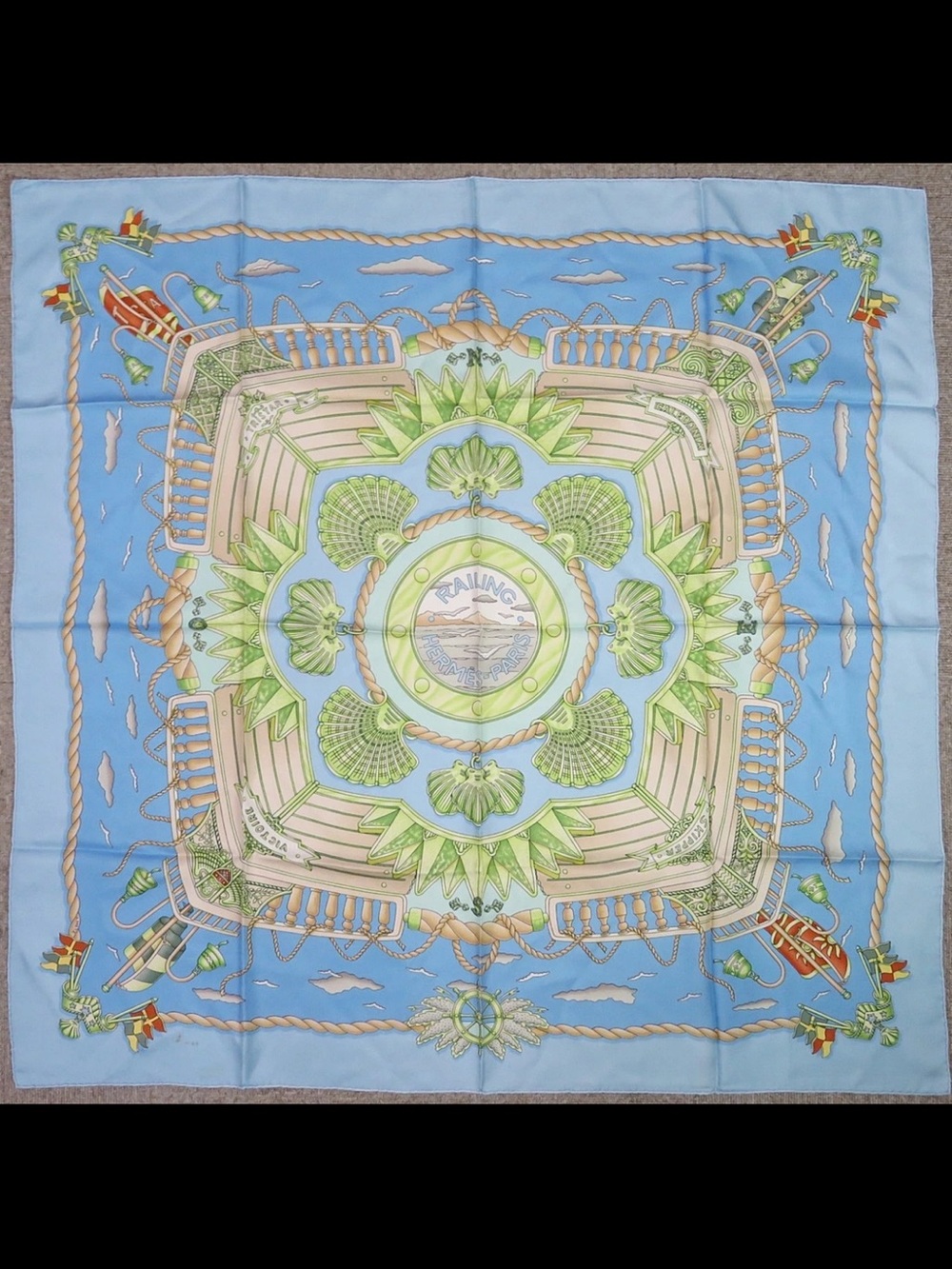Hermes Pale Blue and Green Silk Nautical Square Scarf - Picture 1 of 16